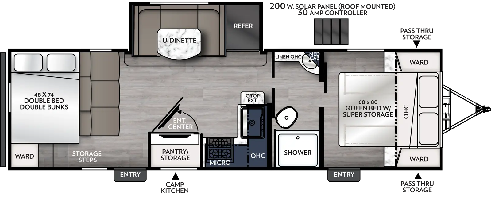 The 266BHS has one slide out on the off-door side and two entry doors on the door side. Interior layout from front to back: front bedroom with foot facing queen bed, super storage under bed, overhead cabinet, and wardrobes on either side of the bed; pass through bathroom; kitchen living dining area with off-door side slide out containing refrigerator and u-shaped dinette; door side kitchen containing countertop extension, sink, overhead cabinet, cook top stove, and microwave overhead; door side entertainment center with pantry/storage behind it. Sofa in front of double bed over double bed bunks, next to wardrobe and storage at the rear.